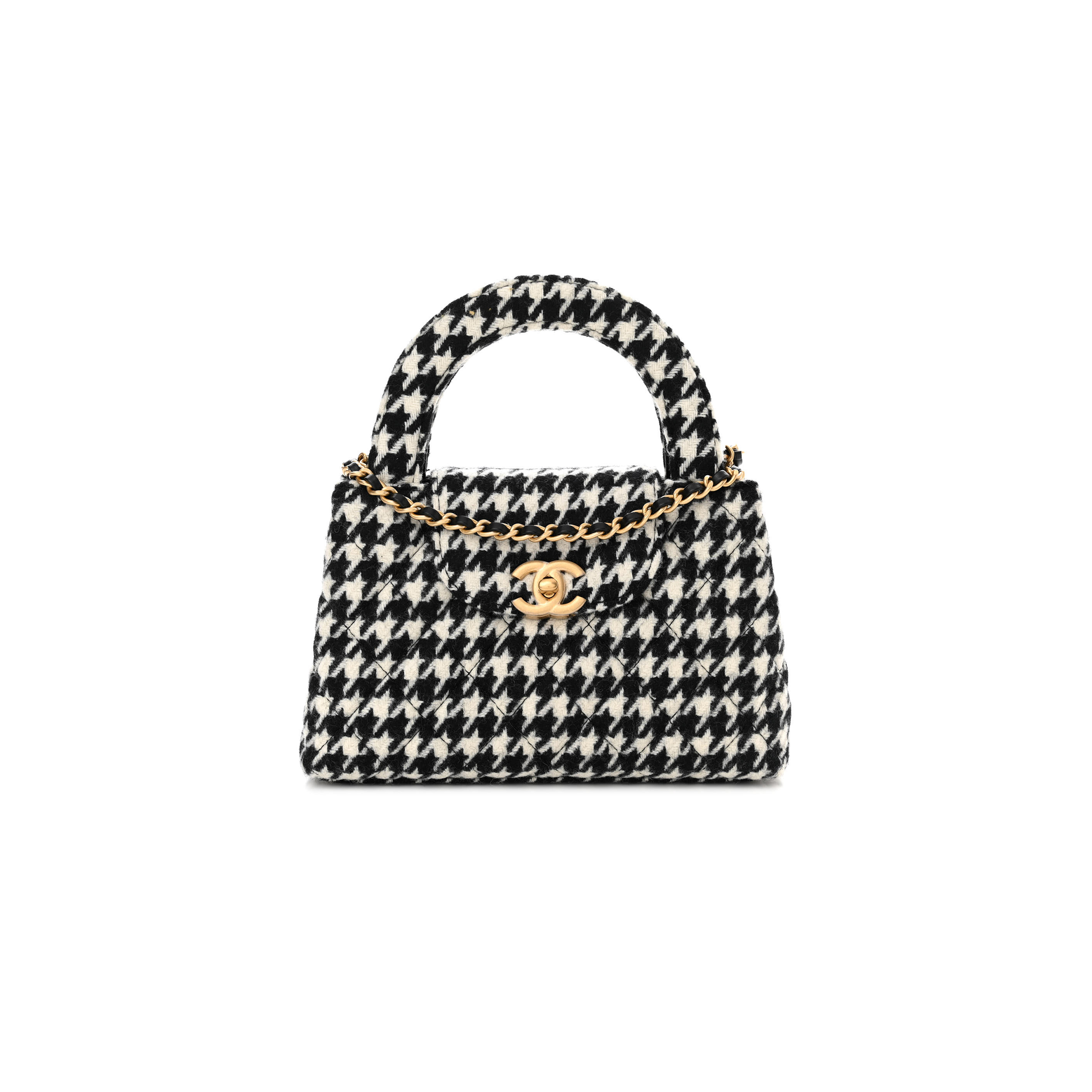 Ch*el tweed houndstooth quilted nano kelly shopper black white as4416 (19*13*7cm)